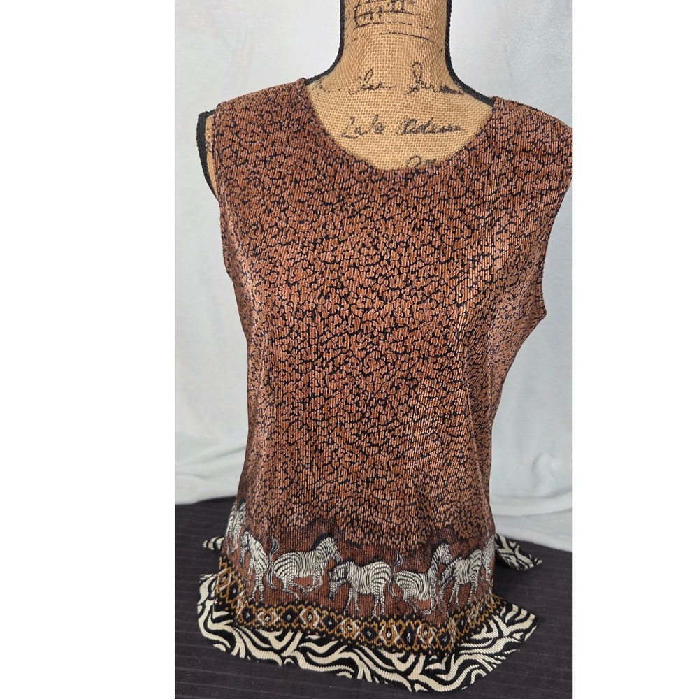 Plisse Zebra Print Tank Top Women M Brown Micro-Pleated Sleeveless Vintage Y2K
